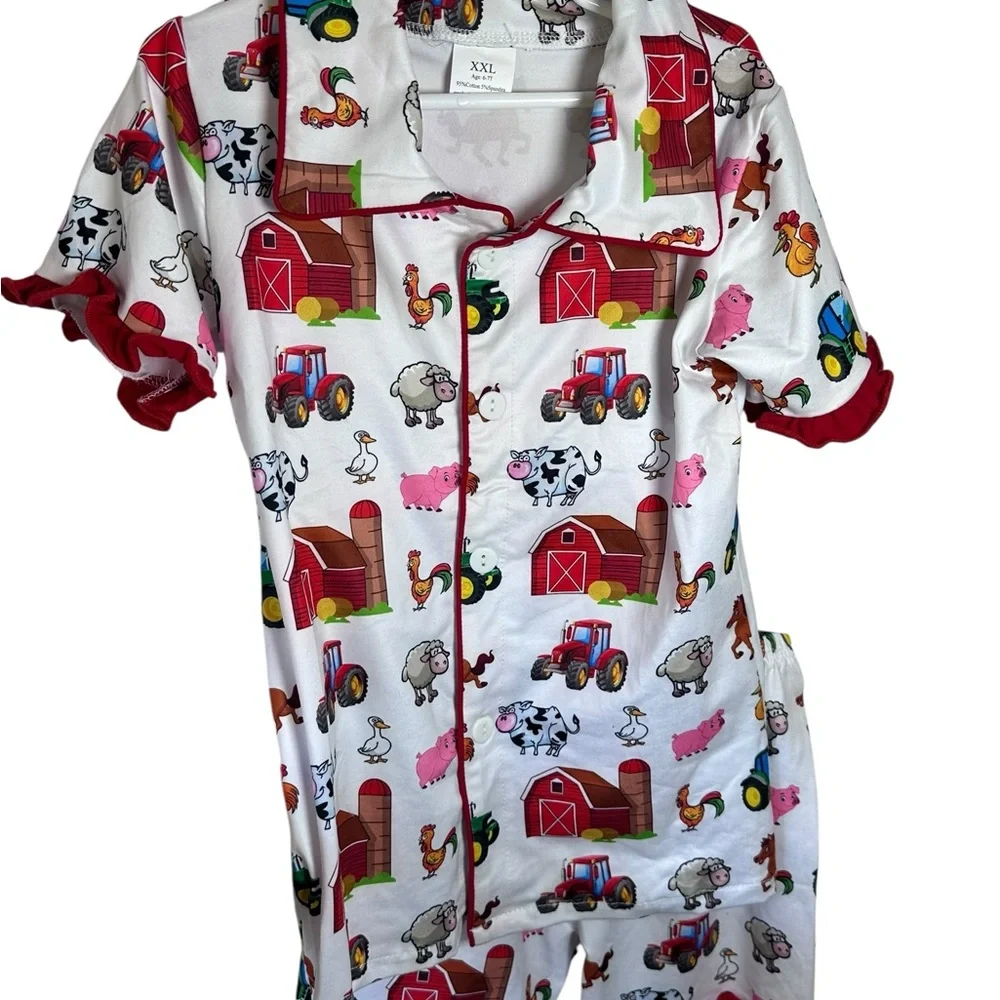 Farm Animal Print Pajama Short Set‎ with Ruffles Button Front Top Pull On Shorts